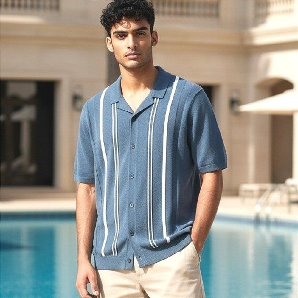 Awearness Kenneth Cole Mens Blue Striped Knit Button Front Polo Shirt Slim Fit L